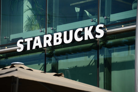 Hannover, Lower Saxony, Germany - September 26, 2018: Starbucks Cafe in Hanover, Germany - Starbucks is an American multinational chain of coffeehouses and roastery reservesのeditorial素材