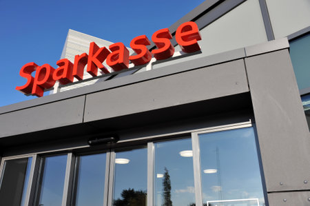 Celle, Lower Saxony, Germany - October 23, 2016: Sign with the Logo of the german Savings Bank - Sparkasse - at the entrance of a branch in Celle, Germanyのeditorial素材