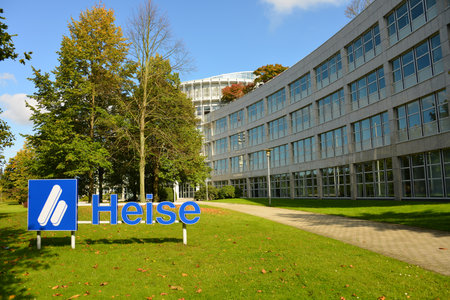 Hannover, Lower Saxony, Germany - October 1, 2017: Heise sign in front of headquarters of Heise online in Hannover, Germany - Heise is a publishing house, its focus is PC oriented publicationsのeditorial素材
