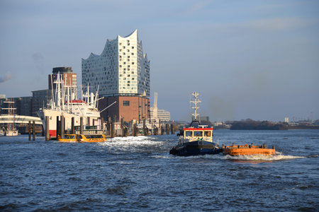 Hamburg, Germany - February 23, 2018: View of River Elbe and the Elbphilharmonie, a concert hall in...