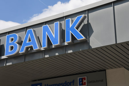 Hermesdorf, North Rhine-Westphalia, Germany - May 14, 2018: Close up of a Bank sign on building in Hermesdorf, Germanyのeditorial素材