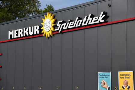 Bispingen, Lower Saxony, Germany - April 29, 2018: logo of Merkur Spielothek in Bispingen Germany - Gauselmann Group is a German gaming an gambling companyのeditorial素材