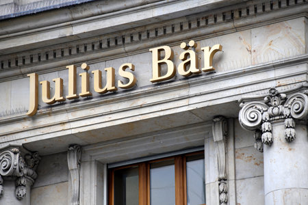 Frankfurt, Hesse, Germany - May 16, 2018: Julius Baer Group branch office in Frankfurt, Germany - Julius Baer is a Swiss multinational private bank founded and based in Switzerlandのeditorial素材
