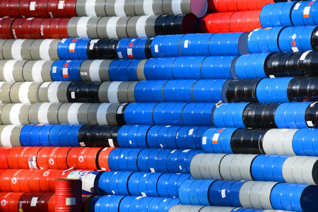Hamburg, Germany - October 19, 2014: stack of oil barrels in Hamburg