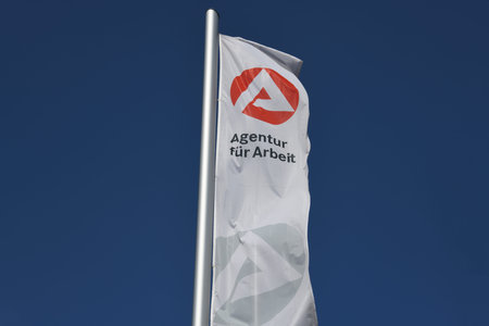 Karlsruhe Baden-Wurttemberg, Germany - May 18, 2018: Flag with the Logo of a Job Center - Employment...