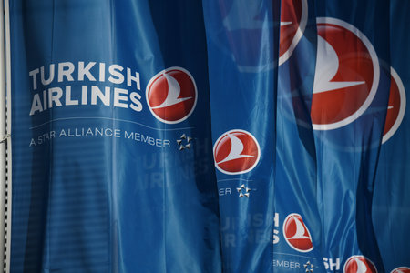 Hanover, Lower Saxony, Germany - May 7, 2019: Turkish Airline flags at the airport Langenhagen in Hanover, Germany - Turkish Airlines is the national flag carrier airline of Turkeyのeditorial素材