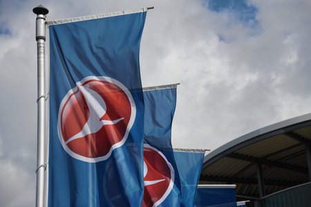 Hanover, Lower Saxony, Germany - May 7, 2019: Turkish Airline flags at the airport Langenhagen in...