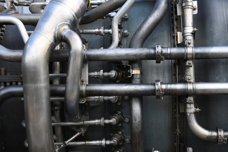 Hanover, Lower Saxony, Germany - May 7, 2019: Pipes of an aircraft engine at airport Hannover...