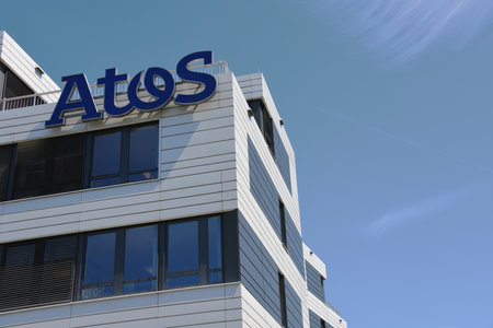 Essen, North Rhine-Westphalia, Germany - May 13, 2019: Atos logo in Essen Germany - Atos is a European multinational information technology (IT) service and consulting companyのeditorial素材