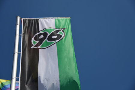 Hanover Lower Saxony, Germany - June 9, 2019: Flag with the logo of Hannover 96 - Hannover 96 is a German association football club based in the city of Hanoverのeditorial素材