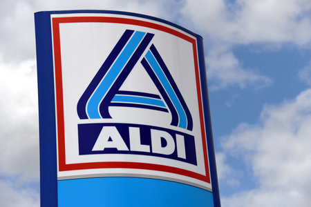 Berlin, Germany - July 20, 2019: Sign at the entrance to an ALDI Nord store in Berlin, Germany - ALDI is the common brand of two leading global supermarket chainsのeditorial素材