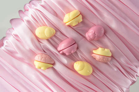 Various edible animals made from chewing marmalade with the addition of natural juices. Yellow and pink flowers among the most delicate folds of an elegant pink fabric. Children's sweetsの写真素材