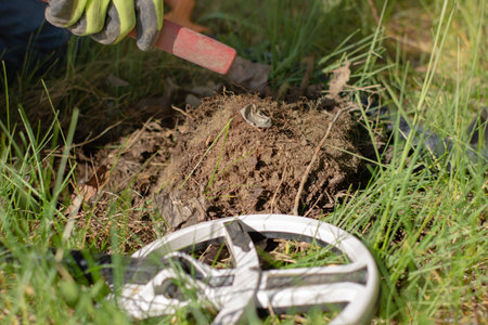 a metal cork from a bottle found with a wireless metal detector on a background of grass