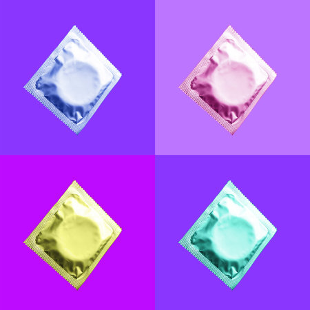 Set of colorful condoms in package . Pop art, minimal style background. Safe sex and reproductive...