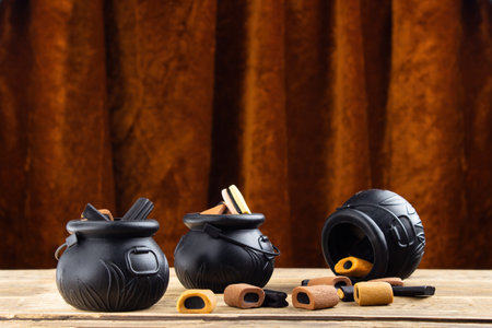 Three small toy witches' cauldrons with different candies stand on a wooden table, with a vintage velvet curtain in the background. One pot fell out of it, sweets slept.の写真素材