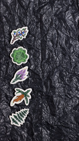 Brooches embroidered with thread on felt in the form of different plants such as mandrake root, heather, fern, clover and blackthorn. Lie on a background of crumpled black paperの写真素材