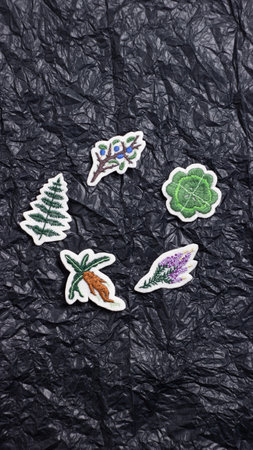 Brooches embroidered with thread on felt in the form of different plants such as mandrake root, heather, fern, clover and blackthorn. They lie on a background of crumpled black paperの写真素材