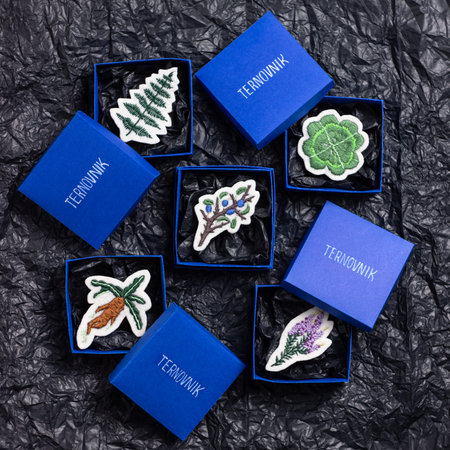 Brooches embroidered with thread on felt in the form of different plants such as mandrake root, heather, fern, clover and blackthorn. They lie in a blue box on a background of crumpled black paperの写真素材