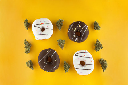 Four donuts covered with chocolate and white icing lie among dry buds of medical marijuana. On a yellow backgroundの写真素材