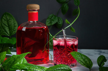 A bottle of red alcohol, next to it in an old-fashioned glass is a cocktail with liquor and ice. On a marble and black background, surrounded by green leaves of the plant.の写真素材