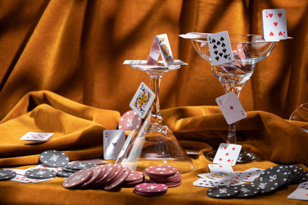 Composition of cocktail glasses and playing cards on brown velvet fabric. Composition of casino stuffの写真素材