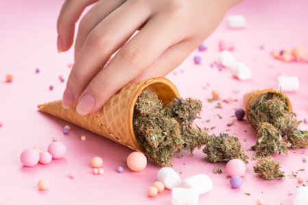 Dry buds of medical marijuana lie in ice cream waffle cones, a woman's hand holds on a pink background. There are candies and marshmallows around. Alternative medical treatment with cannabisの写真素材