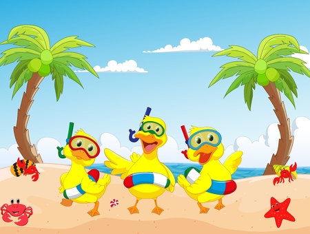 happy three cartoon duck on the beach summerのイラスト素材