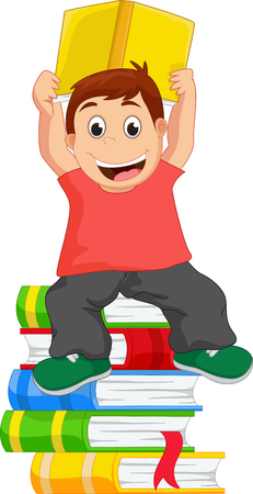 little boy lifting a book while sitting on a stack of booksのイラスト素材