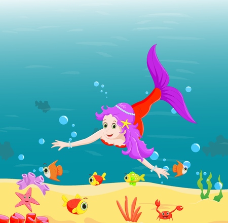 Beautiful mermaid Swimming Underwater with sea animalsのイラスト素材
