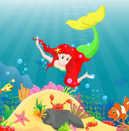 Beautiful mermaid Swimming Underwater with sea animalsのイラスト素材
