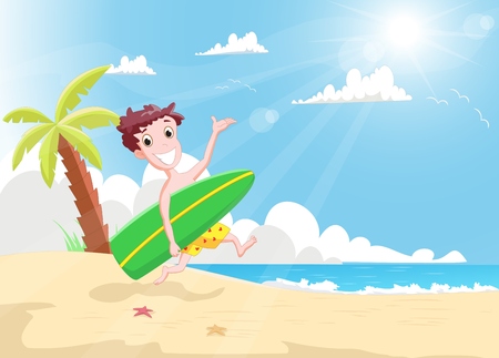 happy surfers boy running with a surfboard on the beachのイラスト素材