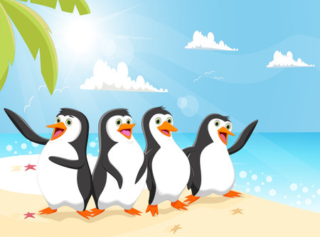 illustration of funny penguin cartoon on the beachのイラスト素材