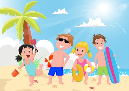 illustration of happy kids playing on the summer beachのイラスト素材