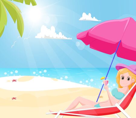 Beautiful girl relaxing on the beach while Enjoying Summer Drinksのイラスト素材