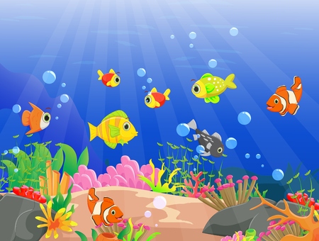 illustration of Beautiful underwater world with tropical fishのイラスト素材