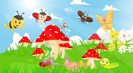 family of insects in the garden with mushrooms and flowersのイラスト素材
