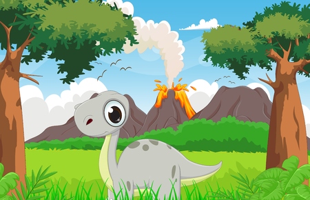 cute dinosaur cartoon with the prehistoric backgroundのイラスト素材