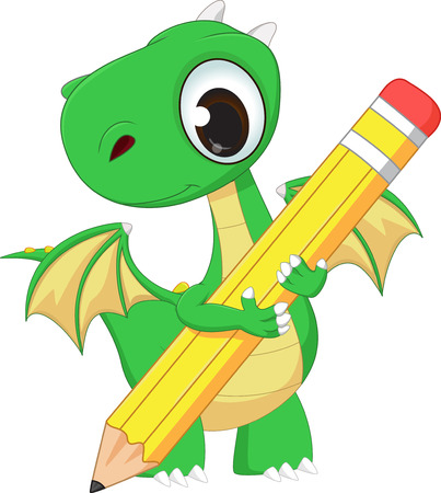 cute green dragon with pencilのイラスト素材
