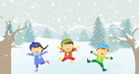 happy kids playing outdoors in winterのイラスト素材