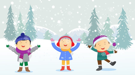 happy kids playing outdoors in winterのイラスト素材