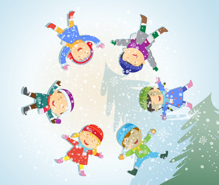 happy kids playing outdoors in winterのイラスト素材