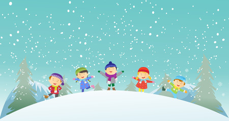 happy kids playing outdoors in winterのイラスト素材