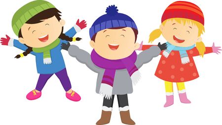 Winter fun. happy kids wearing winter costume. isolated on whiteのイラスト素材
