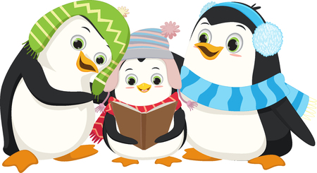 Illustration of Cute Penguins Singing Christmas Carolのイラスト素材