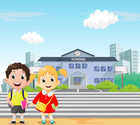 Happy school children standing in front of school. back to school conceptのイラスト素材