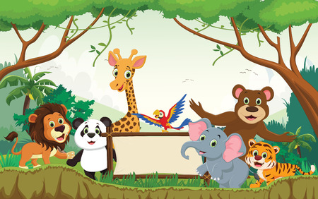 Wild animal cartoon with blank sign Vector illustration.のイラスト素材