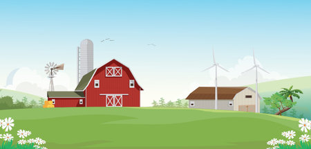 illustration of Mountain countryside with red farm barn