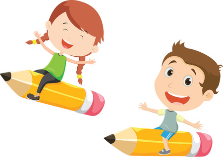 illustration of Boy and girl flying on a pencilのイラスト素材