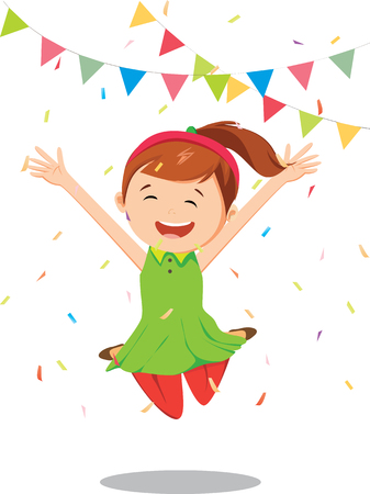 Little girl  jumping and having fun celebrating birthdayのイラスト素材