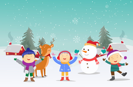 happy kids playing with snowman in winter seasonのイラスト素材